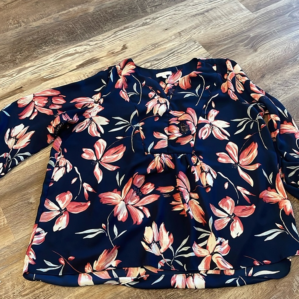 Floral V-Neck Blouse - Navy with Coral Pink Blooms